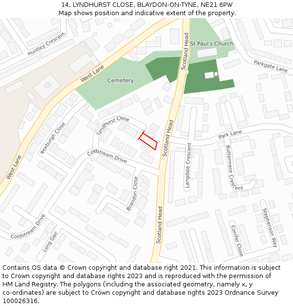 14, LYNDHURST CLOSE, BLAYDON-ON-TYNE, NE21 6PW: Location map and indicative extent of plot