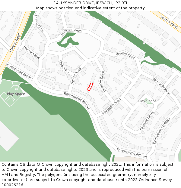 14, LYSANDER DRIVE, IPSWICH, IP3 9TL: Location map and indicative extent of plot