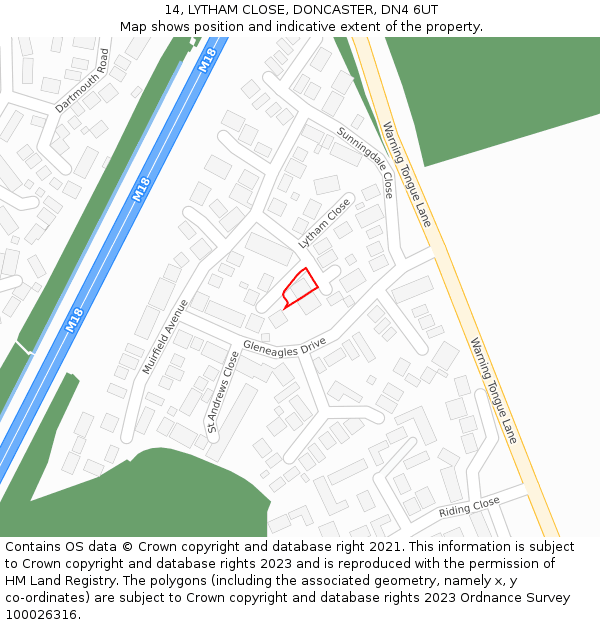 14, LYTHAM CLOSE, DONCASTER, DN4 6UT: Location map and indicative extent of plot