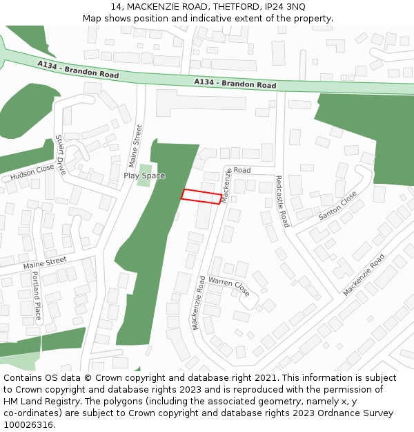 14, MACKENZIE ROAD, THETFORD, IP24 3NQ: Location map and indicative extent of plot