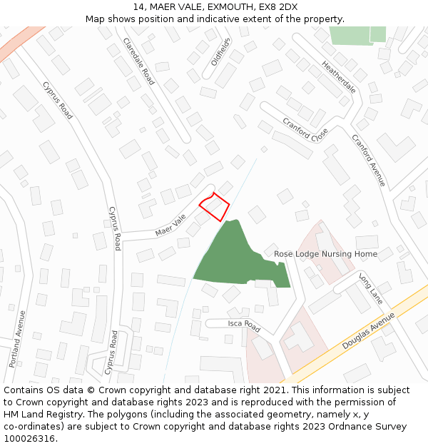 14, MAER VALE, EXMOUTH, EX8 2DX: Location map and indicative extent of plot