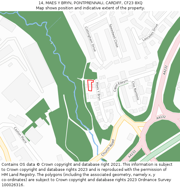 14, MAES Y BRYN, PONTPRENNAU, CARDIFF, CF23 8XQ: Location map and indicative extent of plot