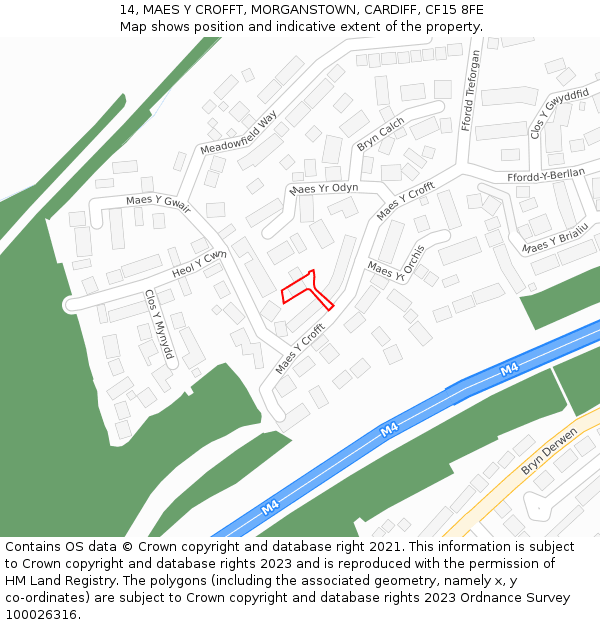 14, MAES Y CROFFT, MORGANSTOWN, CARDIFF, CF15 8FE: Location map and indicative extent of plot