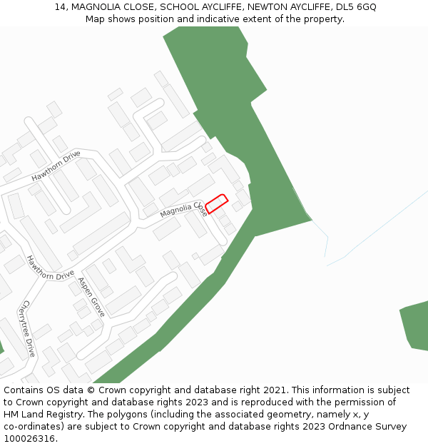 14, MAGNOLIA CLOSE, SCHOOL AYCLIFFE, NEWTON AYCLIFFE, DL5 6GQ: Location map and indicative extent of plot