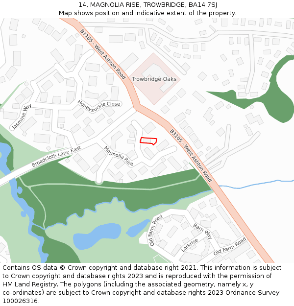 14, MAGNOLIA RISE, TROWBRIDGE, BA14 7SJ: Location map and indicative extent of plot
