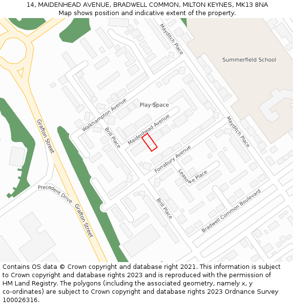 14, MAIDENHEAD AVENUE, BRADWELL COMMON, MILTON KEYNES, MK13 8NA: Location map and indicative extent of plot