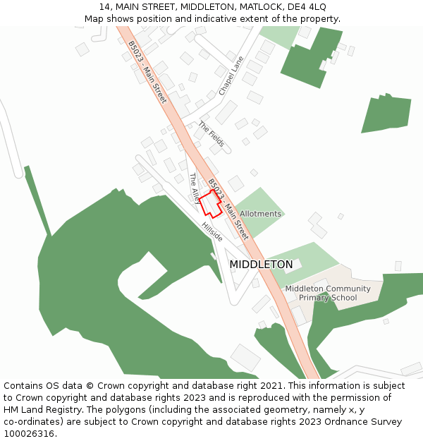 14, MAIN STREET, MIDDLETON, MATLOCK, DE4 4LQ: Location map and indicative extent of plot