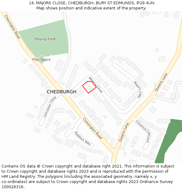 14, MAJORS CLOSE, CHEDBURGH, BURY ST EDMUNDS, IP29 4UN: Location map and indicative extent of plot