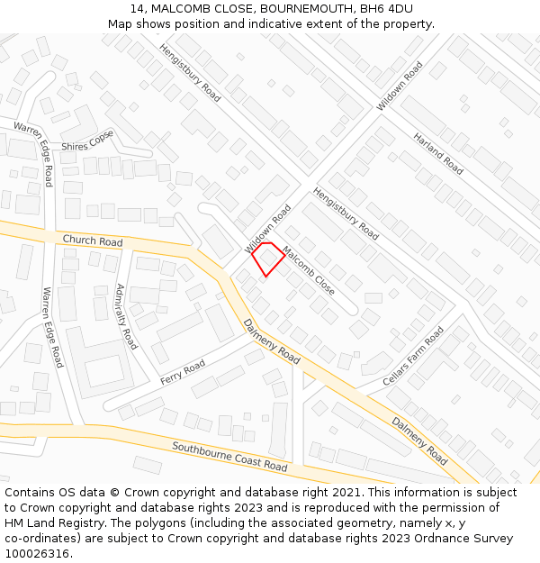 14, MALCOMB CLOSE, BOURNEMOUTH, BH6 4DU: Location map and indicative extent of plot