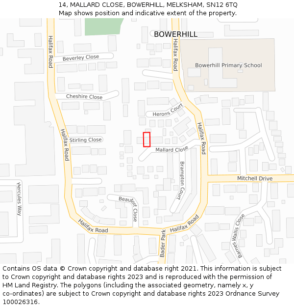 14, MALLARD CLOSE, BOWERHILL, MELKSHAM, SN12 6TQ: Location map and indicative extent of plot