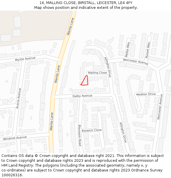 14, MALLING CLOSE, BIRSTALL, LEICESTER, LE4 4FY: Location map and indicative extent of plot