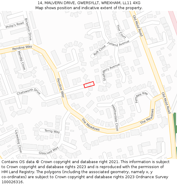 14, MALVERN DRIVE, GWERSYLLT, WREXHAM, LL11 4XG: Location map and indicative extent of plot