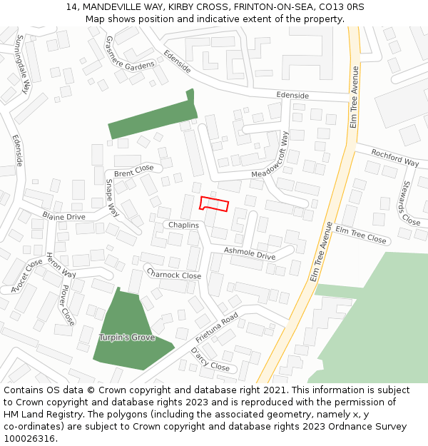 14, MANDEVILLE WAY, KIRBY CROSS, FRINTON-ON-SEA, CO13 0RS: Location map and indicative extent of plot