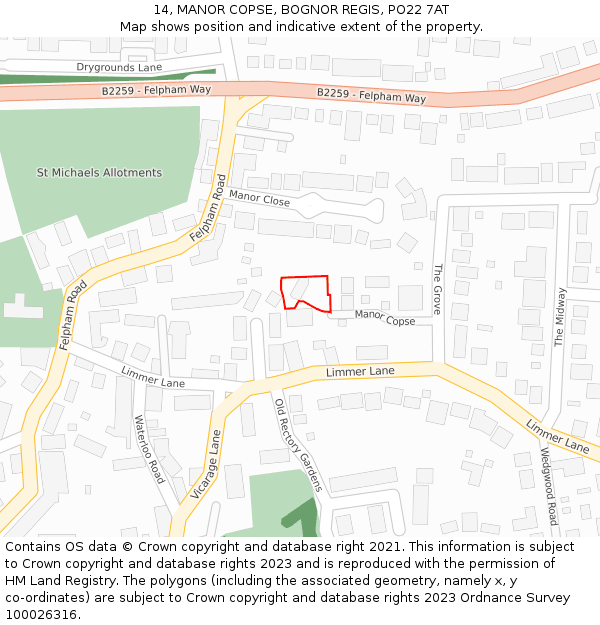 14, MANOR COPSE, BOGNOR REGIS, PO22 7AT: Location map and indicative extent of plot