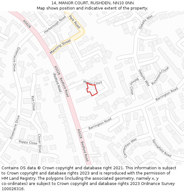 14, MANOR COURT, RUSHDEN, NN10 0NN: Location map and indicative extent of plot