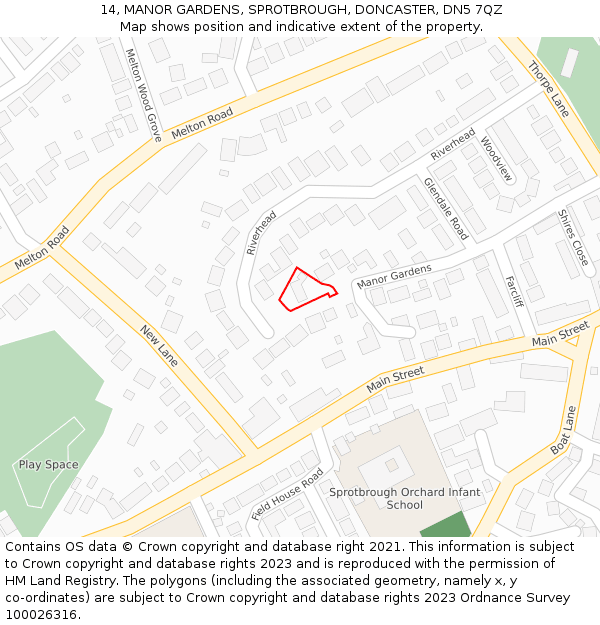 14, MANOR GARDENS, SPROTBROUGH, DONCASTER, DN5 7QZ: Location map and indicative extent of plot