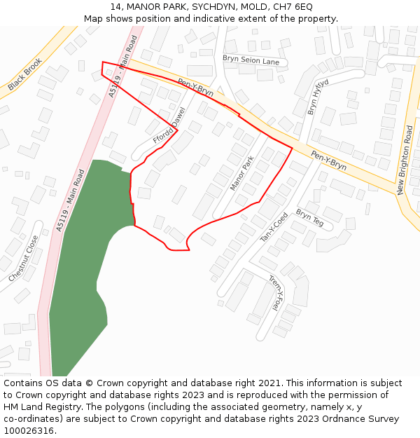14, MANOR PARK, SYCHDYN, MOLD, CH7 6EQ: Location map and indicative extent of plot