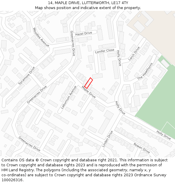 14, MAPLE DRIVE, LUTTERWORTH, LE17 4TY: Location map and indicative extent of plot
