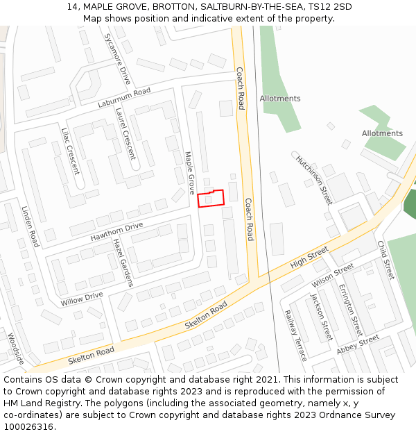 14, MAPLE GROVE, BROTTON, SALTBURN-BY-THE-SEA, TS12 2SD: Location map and indicative extent of plot