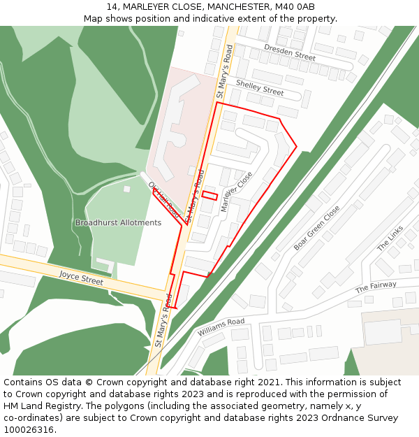 14, MARLEYER CLOSE, MANCHESTER, M40 0AB: Location map and indicative extent of plot