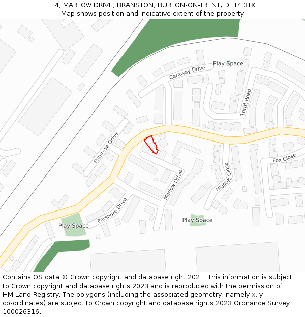 14, MARLOW DRIVE, BRANSTON, BURTON-ON-TRENT, DE14 3TX: Location map and indicative extent of plot