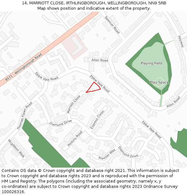 14, MARRIOTT CLOSE, IRTHLINGBOROUGH, WELLINGBOROUGH, NN9 5RB: Location map and indicative extent of plot