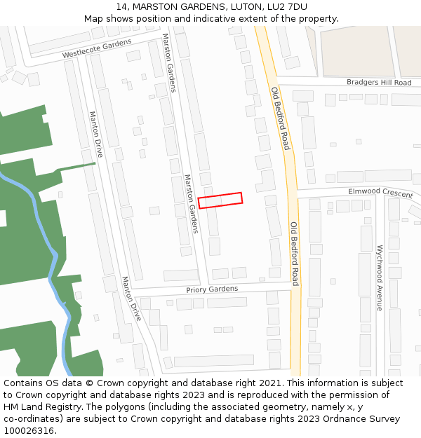 14, MARSTON GARDENS, LUTON, LU2 7DU: Location map and indicative extent of plot