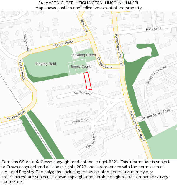 14, MARTIN CLOSE, HEIGHINGTON, LINCOLN, LN4 1RL: Location map and indicative extent of plot