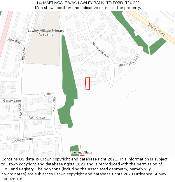 14, MARTINGALE WAY, LAWLEY BANK, TELFORD, TF4 2PF: Location map and indicative extent of plot