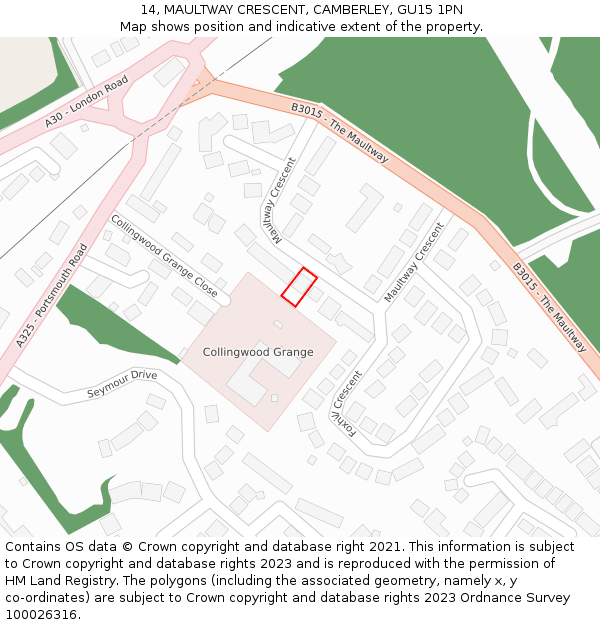 14, MAULTWAY CRESCENT, CAMBERLEY, GU15 1PN: Location map and indicative extent of plot