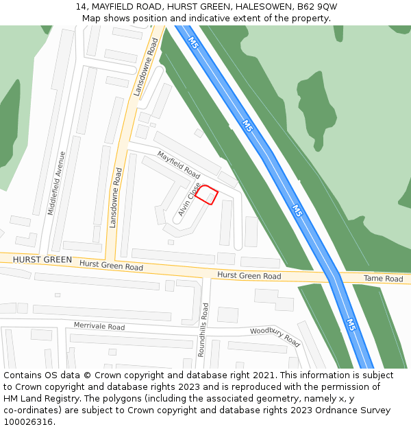 14, MAYFIELD ROAD, HURST GREEN, HALESOWEN, B62 9QW: Location map and indicative extent of plot