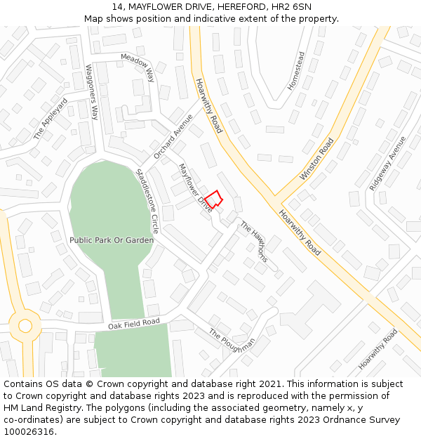 14, MAYFLOWER DRIVE, HEREFORD, HR2 6SN: Location map and indicative extent of plot