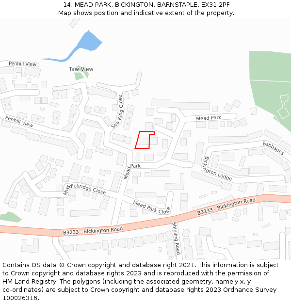 14, MEAD PARK, BICKINGTON, BARNSTAPLE, EX31 2PF: Location map and indicative extent of plot