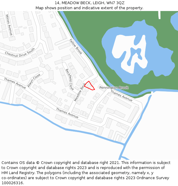 14, MEADOW BECK, LEIGH, WN7 3QZ: Location map and indicative extent of plot