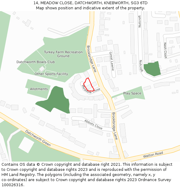 14, MEADOW CLOSE, DATCHWORTH, KNEBWORTH, SG3 6TD: Location map and indicative extent of plot