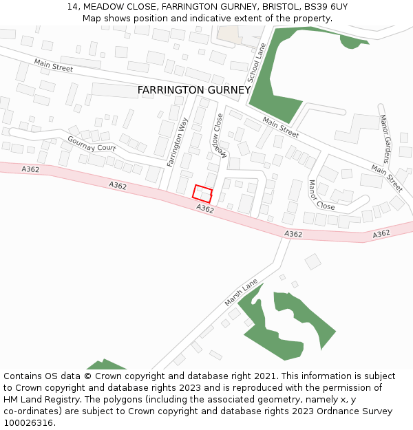 14, MEADOW CLOSE, FARRINGTON GURNEY, BRISTOL, BS39 6UY: Location map and indicative extent of plot
