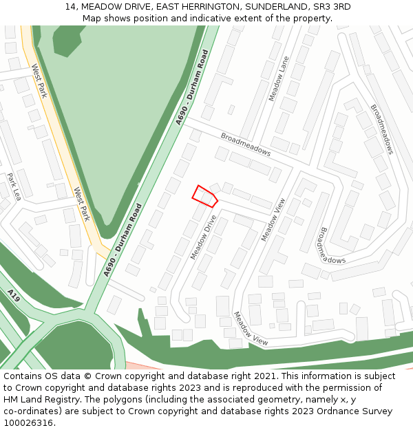 14, MEADOW DRIVE, EAST HERRINGTON, SUNDERLAND, SR3 3RD: Location map and indicative extent of plot