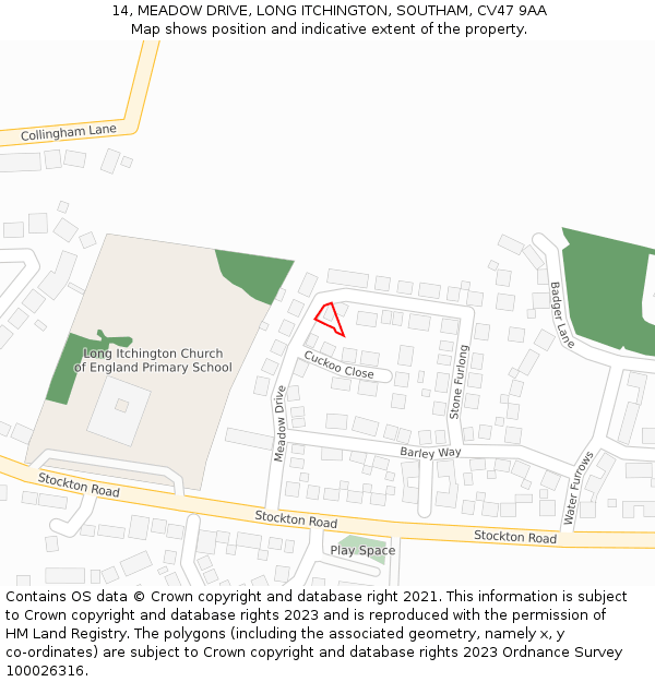 14, MEADOW DRIVE, LONG ITCHINGTON, SOUTHAM, CV47 9AA: Location map and indicative extent of plot