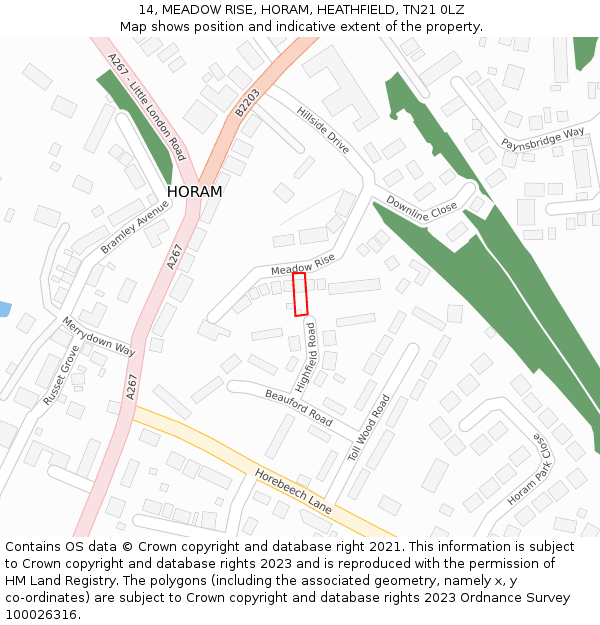14, MEADOW RISE, HORAM, HEATHFIELD, TN21 0LZ: Location map and indicative extent of plot