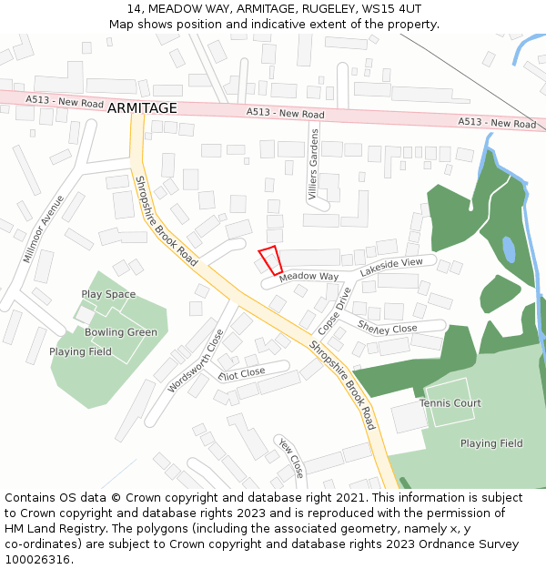 14, MEADOW WAY, ARMITAGE, RUGELEY, WS15 4UT: Location map and indicative extent of plot
