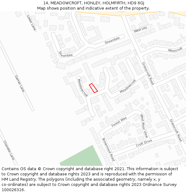 14, MEADOWCROFT, HONLEY, HOLMFIRTH, HD9 6GJ: Location map and indicative extent of plot