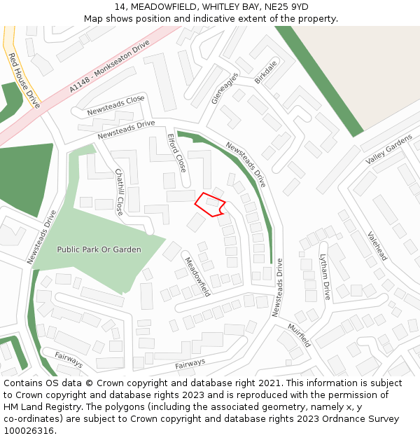 14, MEADOWFIELD, WHITLEY BAY, NE25 9YD: Location map and indicative extent of plot