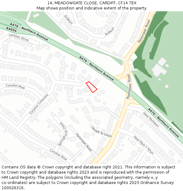 14, MEADOWGATE CLOSE, CARDIFF, CF14 7EX: Location map and indicative extent of plot