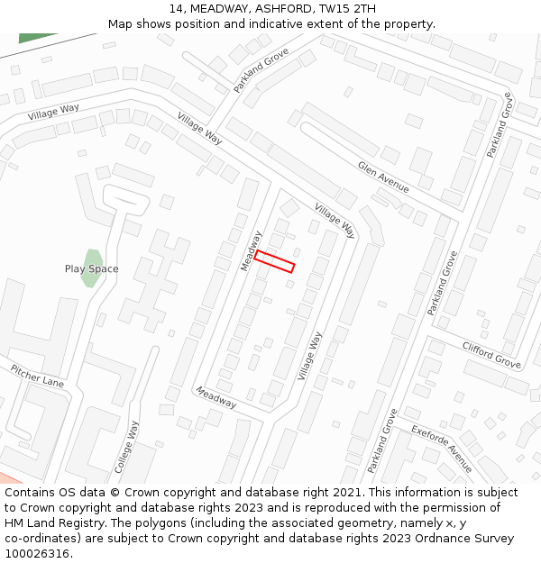 14, MEADWAY, ASHFORD, TW15 2TH: Location map and indicative extent of plot