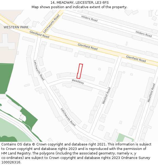 14, MEADWAY, LEICESTER, LE3 6FS: Location map and indicative extent of plot