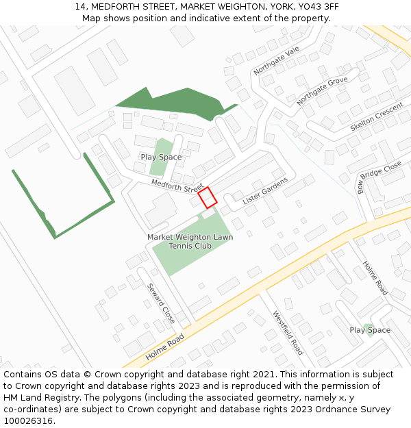 14, MEDFORTH STREET, MARKET WEIGHTON, YORK, YO43 3FF: Location map and indicative extent of plot