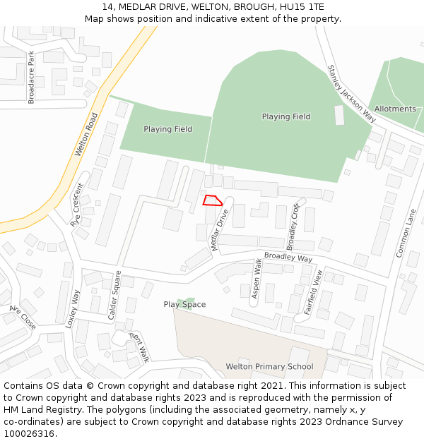 14, MEDLAR DRIVE, WELTON, BROUGH, HU15 1TE: Location map and indicative extent of plot