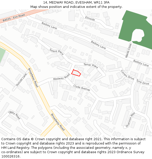 14, MEDWAY ROAD, EVESHAM, WR11 3FA: Location map and indicative extent of plot