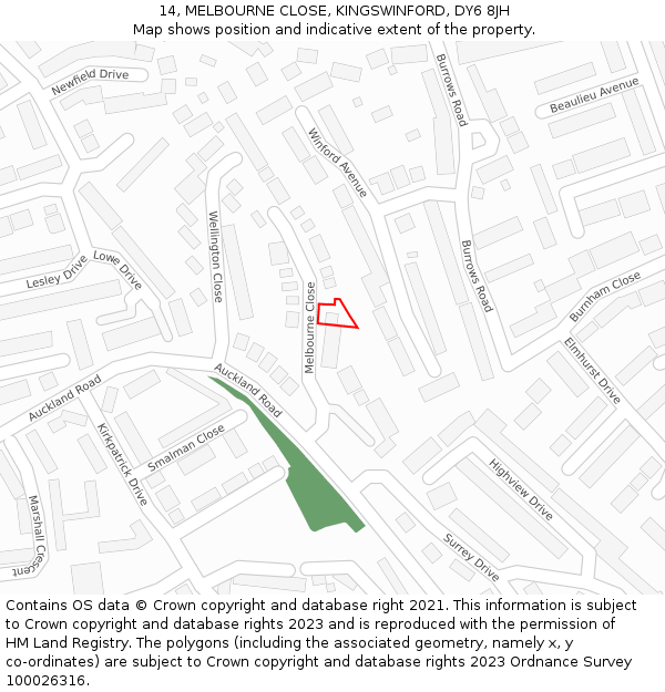 14, MELBOURNE CLOSE, KINGSWINFORD, DY6 8JH: Location map and indicative extent of plot