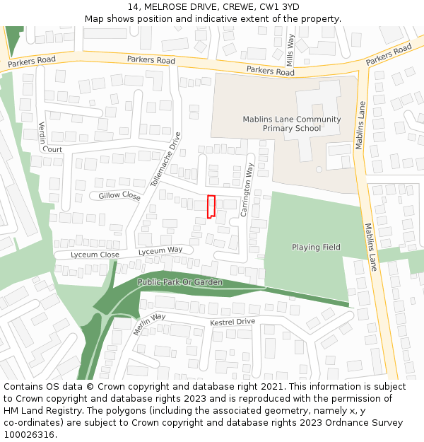 14, MELROSE DRIVE, CREWE, CW1 3YD: Location map and indicative extent of plot